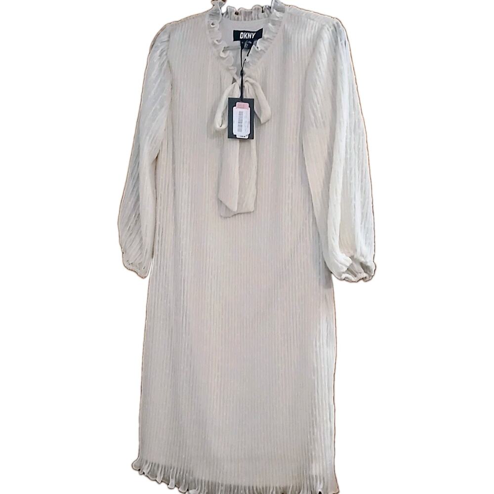 DKNY CREAM PLEATED LONG SLEEVE TIE NECK DETAIL RUFFLE HEM SIZE 12 DRESS NEW